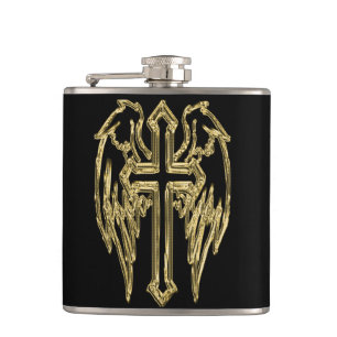 Gold catholic cross with wings hip flask