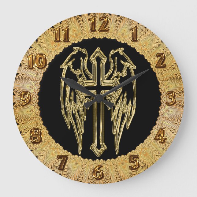 Gold catholic cross with wings large clock (Front)