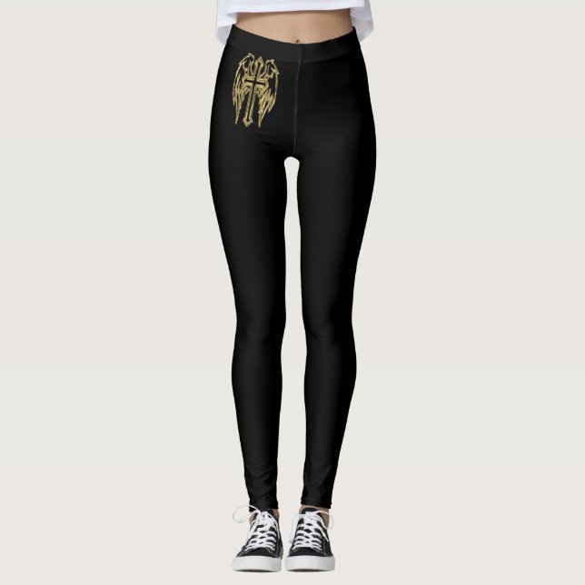 Gold catholic cross with wings leggings (Front)