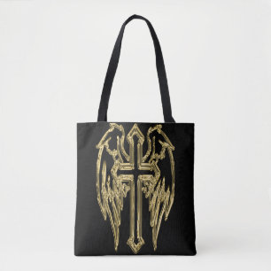 Gold catholic cross with wings tote bag