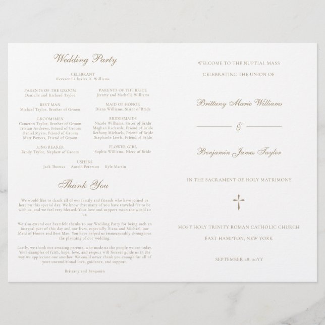 Gold Catholic Wedding Mass Ceremony Program (Front)