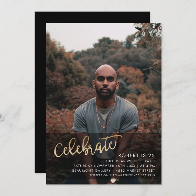 Gold Celebrate Script | Custom Photo Birthday Invitation (Front/Back)