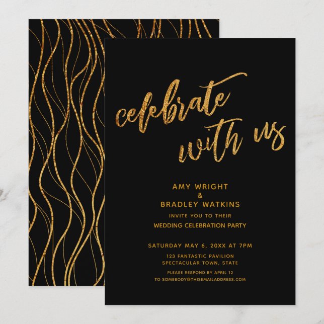 Gold Celebrate with Us Black Wedding Reception Invitation (Front/Back)