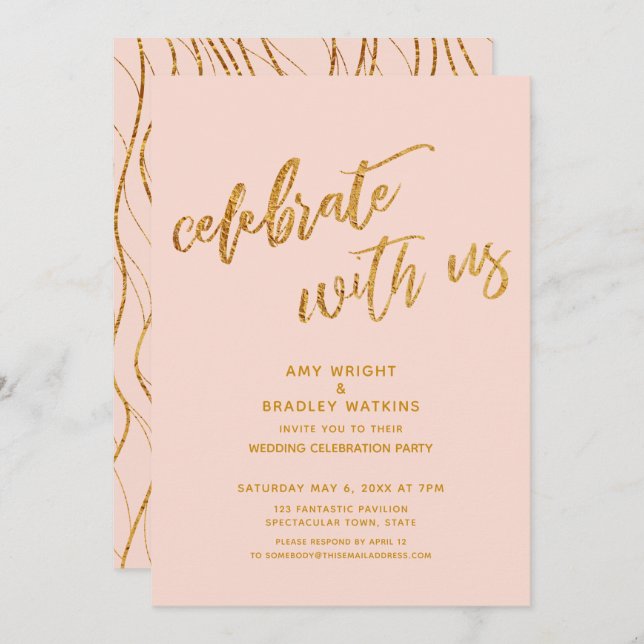 Gold Celebrate with Us Blush Wedding Reception Invitation (Front/Back)
