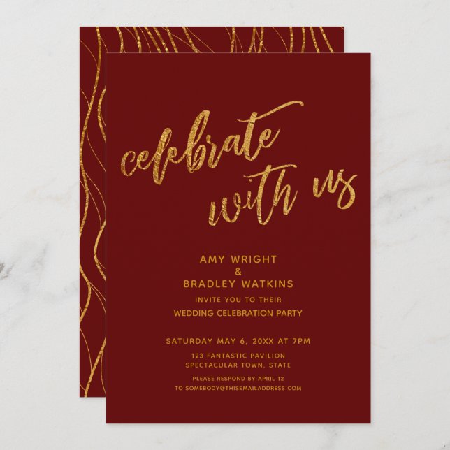 Gold Celebrate with Us Burgundy Wedding Reception Invitation (Front/Back)