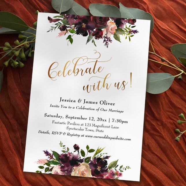 Gold Celebrate with Us! Dark Red Burgundy Floral Invitation (Creator Uploaded)