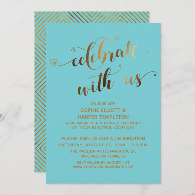 Gold Celebrate with Us on Turquoise w/ Hearts Invitation (Front/Back)