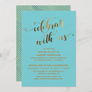 Gold Celebrate with Us on Turquoise w/ Hearts Invitation