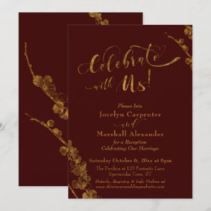 Gold "Celebrate with Us" w/ Botanicals, Burgundy Invitation