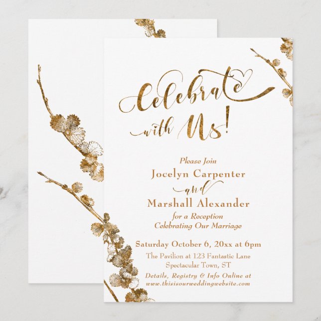 Gold "Celebrate with Us" w/ Botanicals on White Invitation (Front/Back)