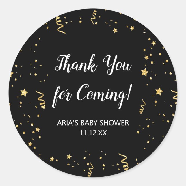 Gold Celebration on Black Baby Shower Favour Classic Round Sticker (Front)