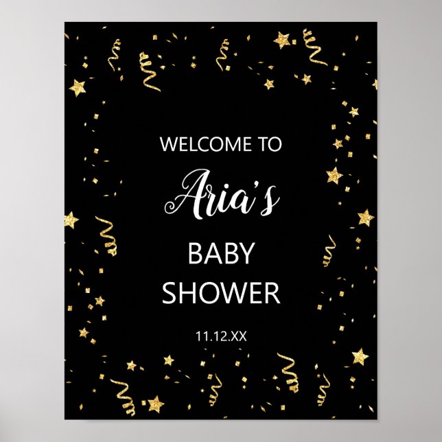 Gold Celebration on Black Baby Shower Welcome Sign (Front)