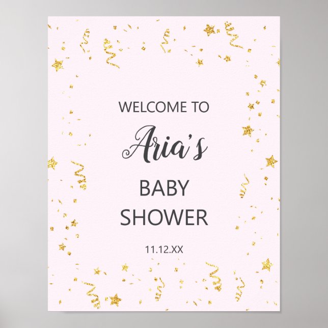 Gold Celebration on Pink Baby Shower Welcome Sign (Front)