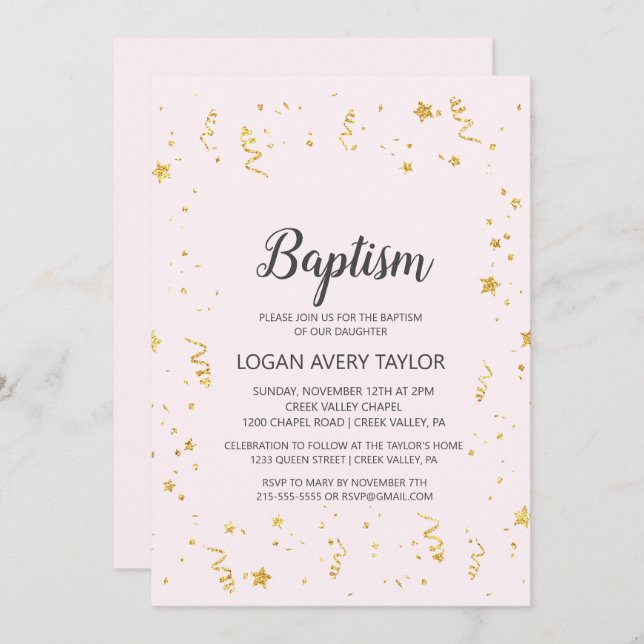 Gold Celebration on Pink Baptism Invitation (Front/Back)