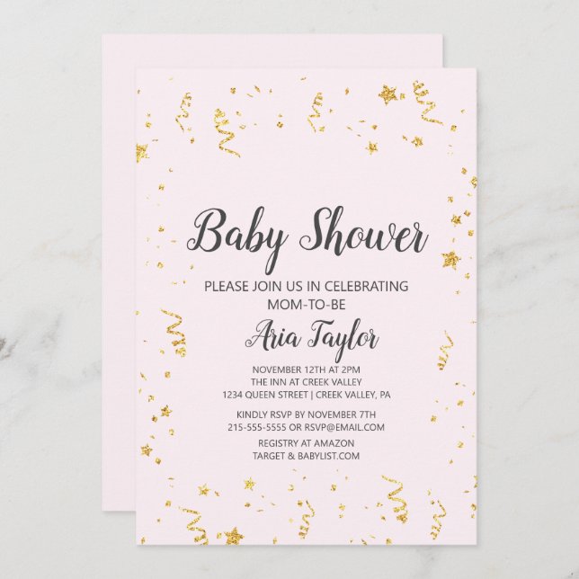 Gold Celebration on Pink Calligraphy Baby Shower Invitation (Front/Back)