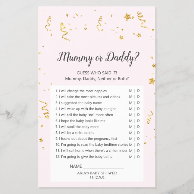 Gold Celebration on Pink Mummy or Daddy Game Flyer (Front)