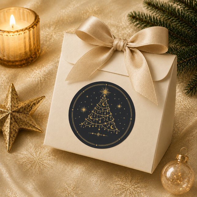 Gold Celestial Christmas Tree Round Sticker (Gold Celestial Christmas Tree Round Sticker)