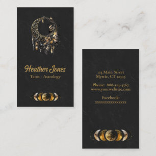 gold celestial moon with feathers business card