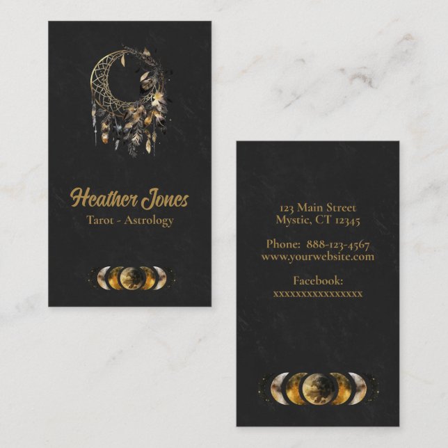 gold celestial moon with feathers business card (Front/Back)