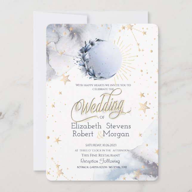 Gold Celestial Sun,Moon Moon,Stars Wedding   Invitation (Front)