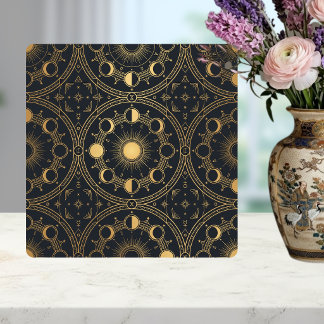 Gold Celestial Sun Moon Phases Geometric Pattern Ceramic Tile