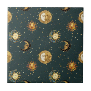 Gold Celestial Sun Moon Stars Midnight Blue Ceramic Tile