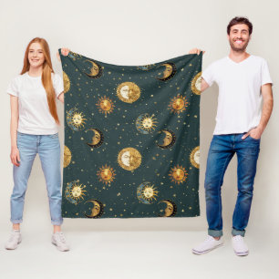 Gold Celestial Sun Moon Stars Midnight Blue Fleece Blanket