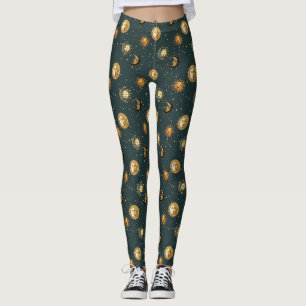 Gold Celestial Sun Moon Stars Midnight Blue Leggings