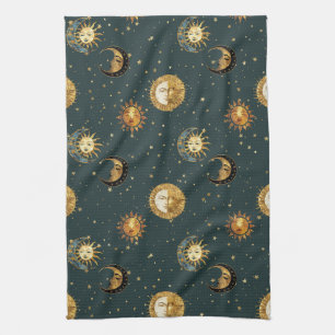 Gold Celestial Sun Moon Stars Midnight Blue Tea Towel