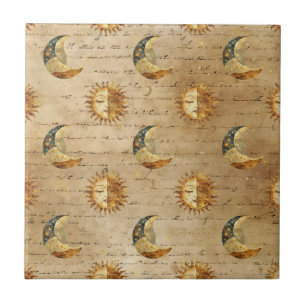Gold Celestial Sun Moon Vintage Astrology Pattern Ceramic Tile