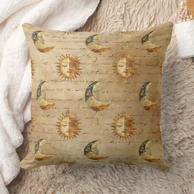 Gold Celestial Sun Moon Vintage Astrology Pattern Cushion (Blanket)