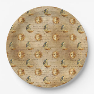 Gold Celestial Sun Moon Vintage Astrology Pattern Paper Plate