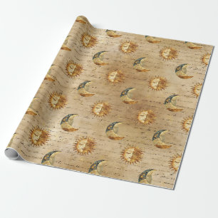 Gold Celestial Sun Moon Vintage Astrology Pattern Wrapping Paper