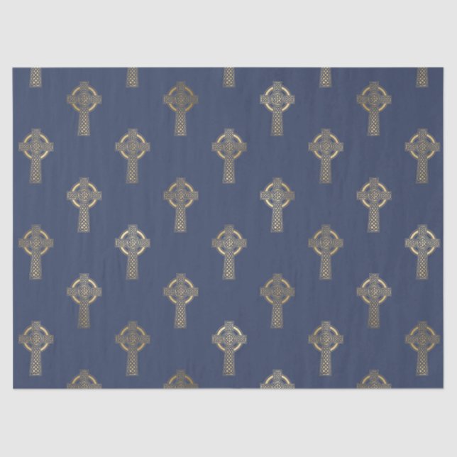 Gold Celtic Cross on Navy Blue Decoupage Tissue Paper (Front)