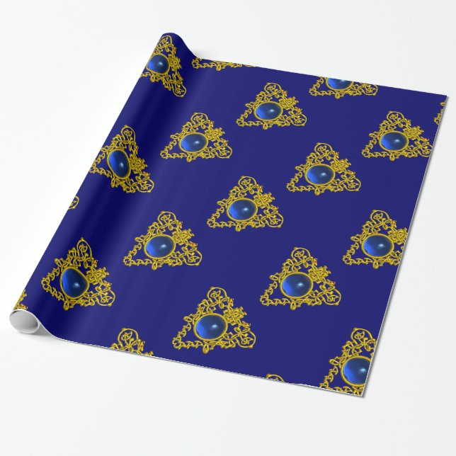 GOLD CELTIC HEART,BLUE SAPPHIRE,Valentine's Day Wrapping Paper (Unrolled)