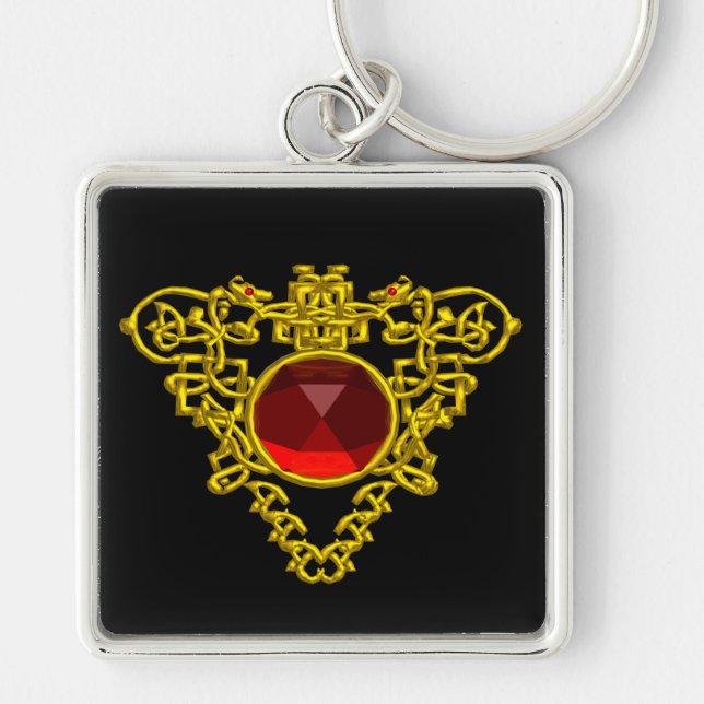 GOLD CELTIC HEART JEWEL WITH RED RUBY GEMSTONE  KEY RING (Front)