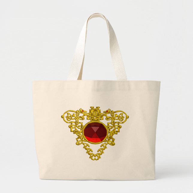 GOLD CELTIC HEART JEWEL WITH RED RUBY GEMSTONE LARGE TOTE BAG (Front)