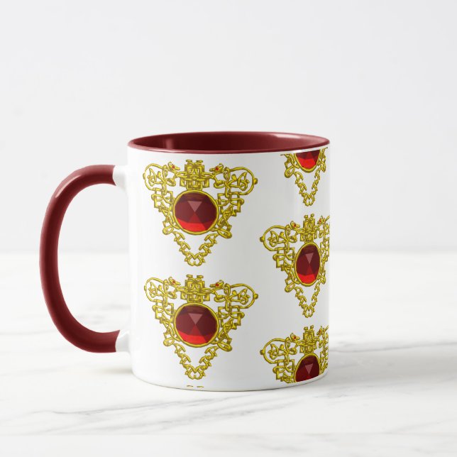 GOLD CELTIC HEART JEWELS WITH RED RUBY GEMSTONES MUG (Left)