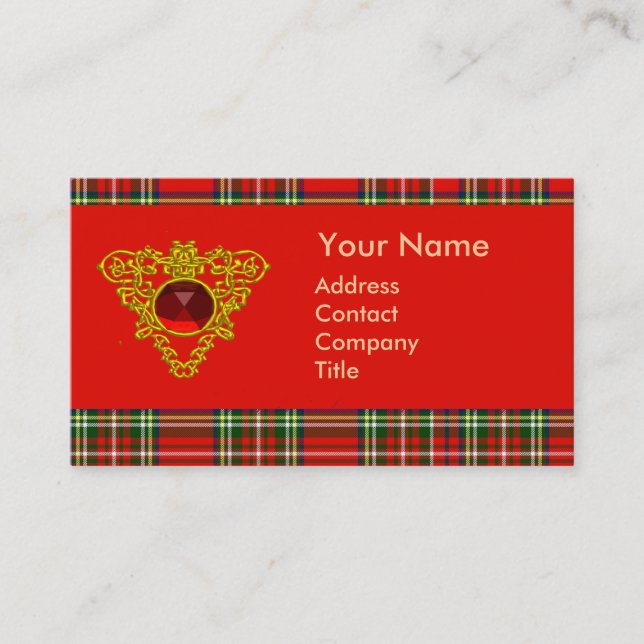 GOLD CELTIC HEART,RUBY, RED GREEN SCOTTISH TARTAN BUSINESS CARD (Front)