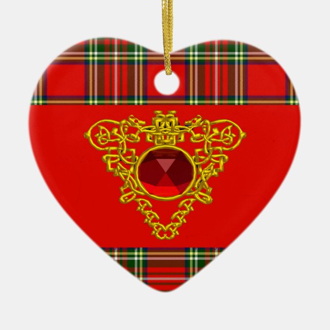 GOLD CELTIC HEART,RUBY, RED GREEN SCOTTISH TARTAN CERAMIC ORNAMENT (Front)