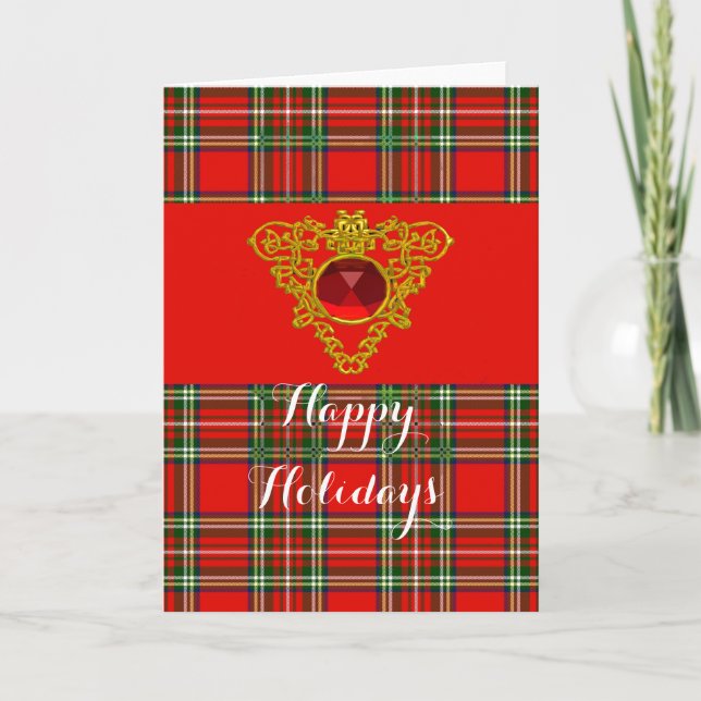 GOLD CELTIC HEART,RUBY, RED GREEN SCOTTISH TARTAN HOLIDAY CARD (Front)