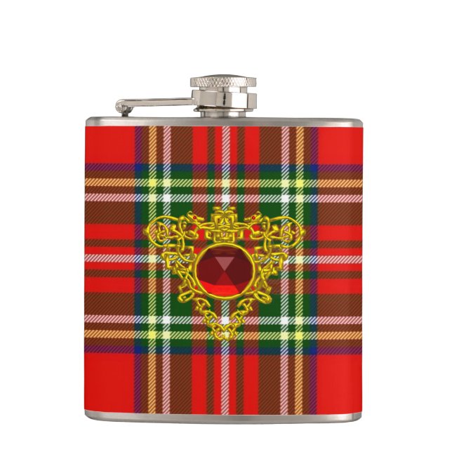 GOLD CELTIC HEART WITH RED RUBY ON SCOTTISH TARTAN HIP FLASK (Front)