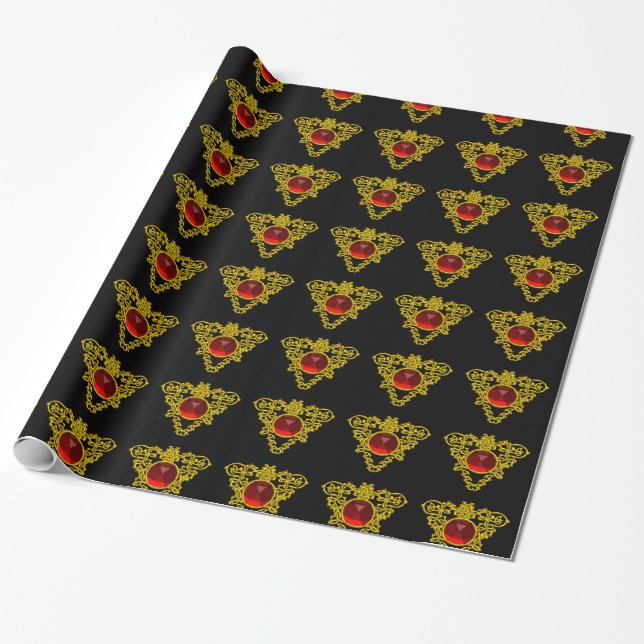 GOLD CELTIC HEART WITH RED RUBY,Valentine's Day Wrapping Paper (Unrolled)