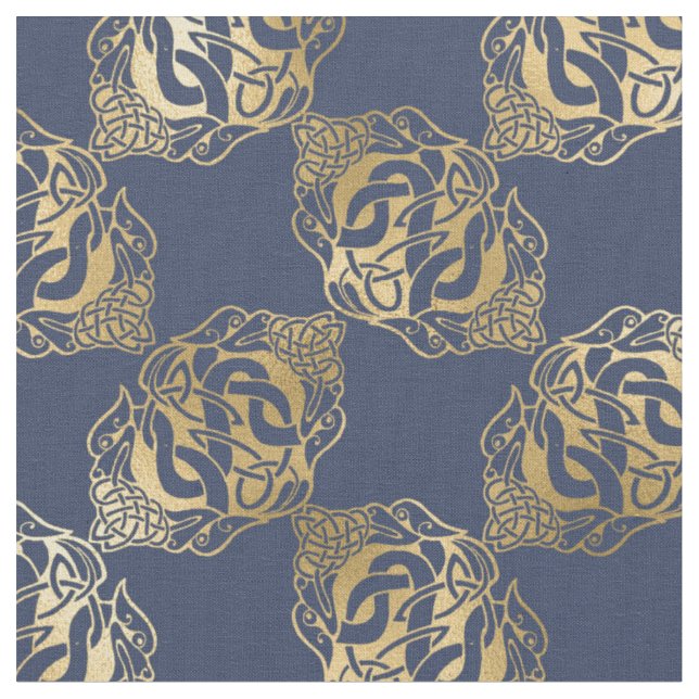 Gold Celtic Knots with Dragons on Blue Fabric (Close Up)
