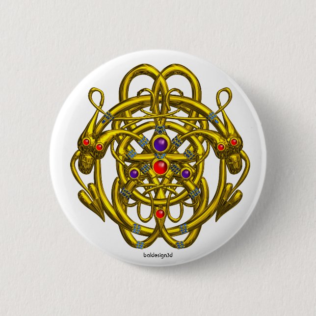 GOLD CELTIC KNOTS WITH TWIN DRAGONS 6 CM ROUND BADGE (Front)