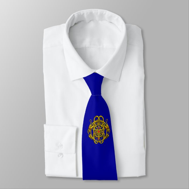 GOLD CELTIC KNOTS WITH TWIN DRAGONS Blue Tie (Tied)