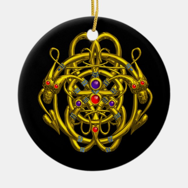 GOLD CELTIC KNOTS WITH TWIN DRAGONS CERAMIC ORNAMENT (Front)
