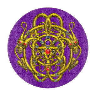 GOLD CELTIC KNOTS WITH TWIN DRAGONS IN PURPLE CUTT CUTTING BOARD