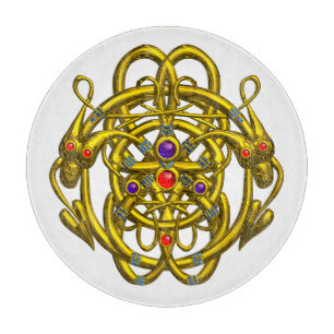 GOLD CELTIC KNOTS WITH TWIN DRAGONS IN WHITE CUTTI CUTTING BOARD
