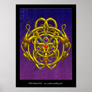 GOLD CELTIC KNOTS WITH TWIN DRAGONS POSTER